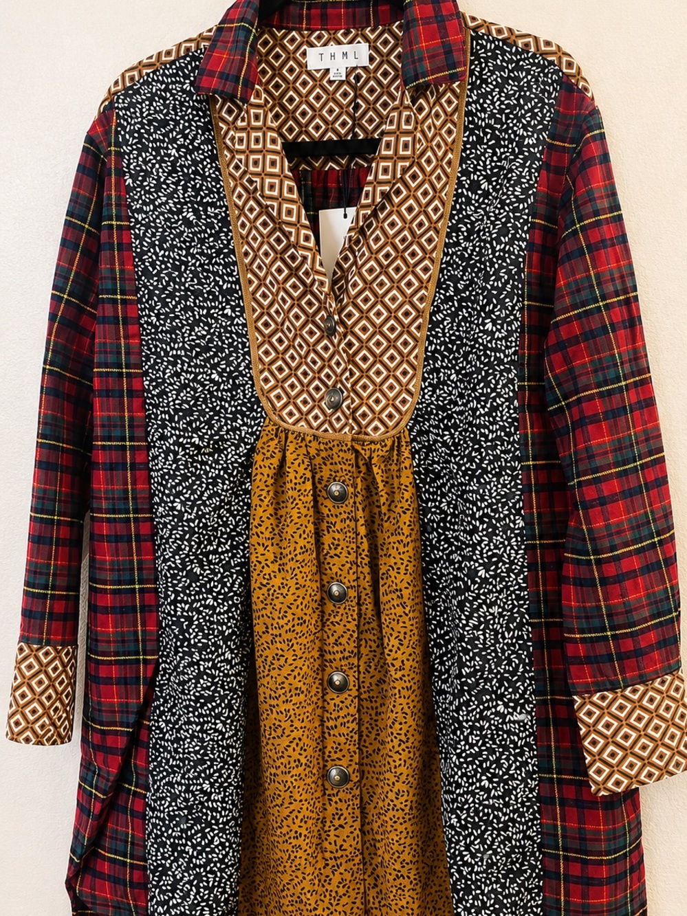 THML Girls' Mixed-Print Tunic Dress in Red, Black and Mustard